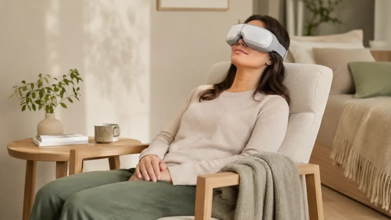 Woman relaxing with a heated eye massager