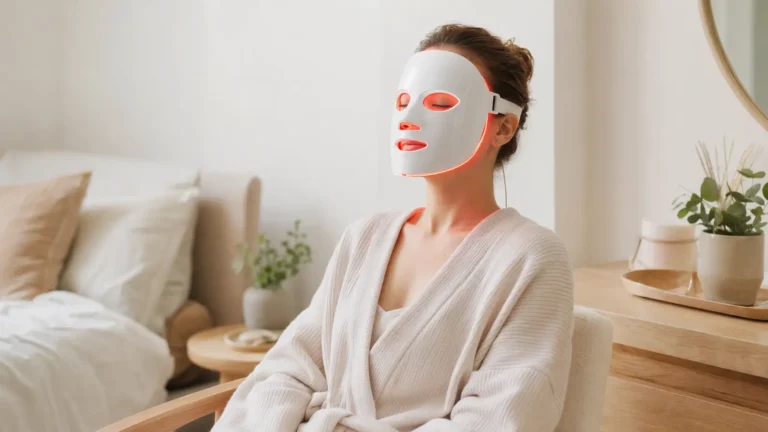 Woman using a red LED face mask at home