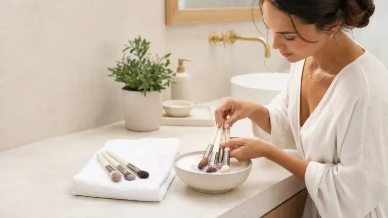 Woman cleaning makeup brushes safely