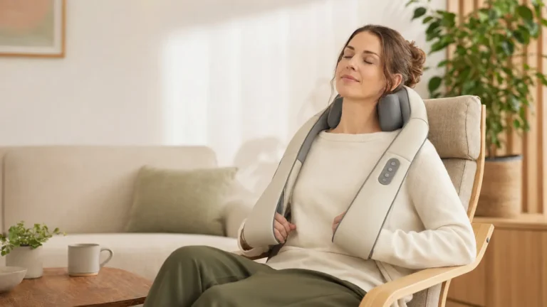 Woman using a neck and shoulder massager safely